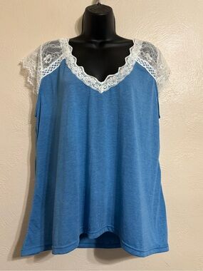 Women's Blue Lace-Trim V-Neck Blouse 0542